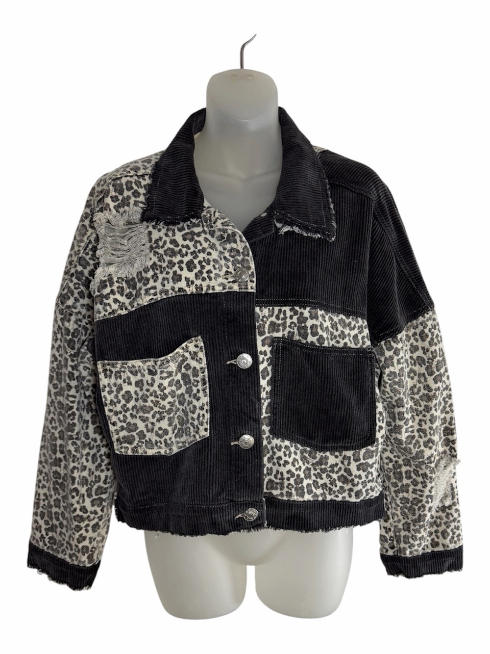 POL Leopard Print Black Corduroy Patchwork Distressed Cropped Denim Jacket S